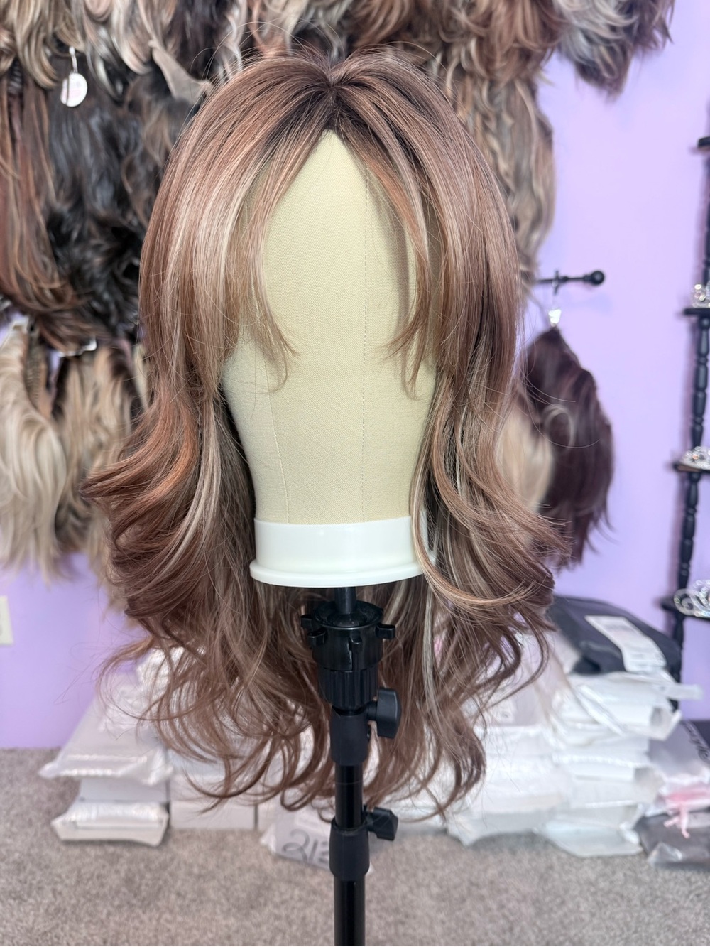 Synthetic Long Layered Wig with Soft Rose Brown Highlights - Unbranded
